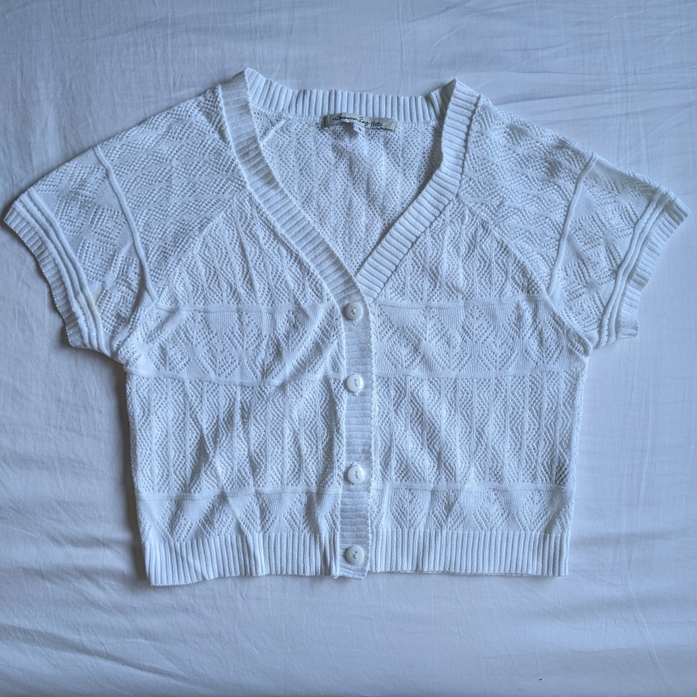 American Rag Cie Open Knit Crop Cardigan Short Sleeve Button Up V Neck White S